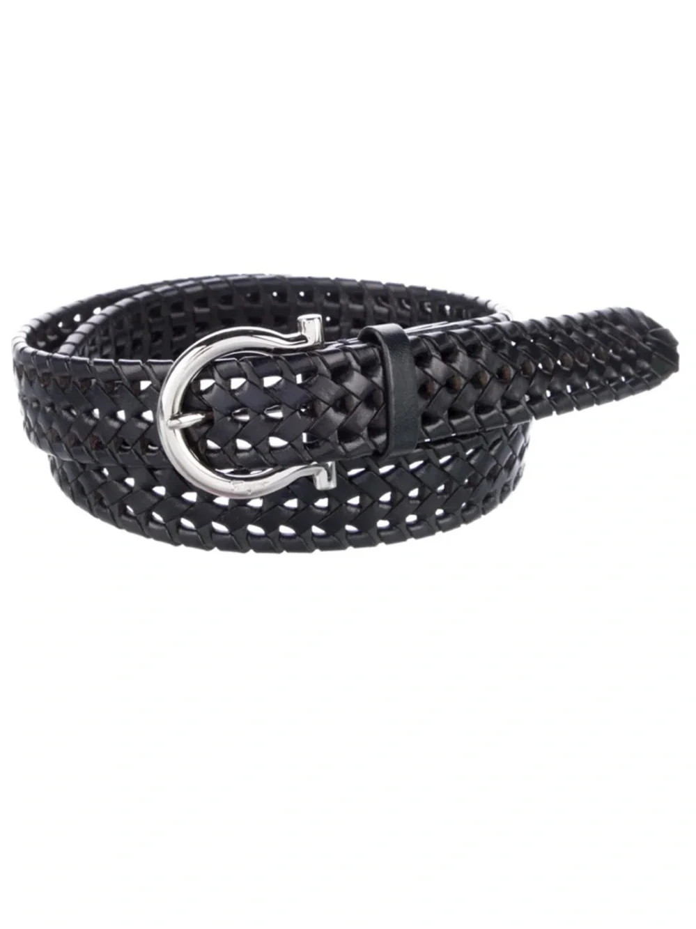 Salvatore Ferragamo Black Woven Leather Belt with Silver Buckle